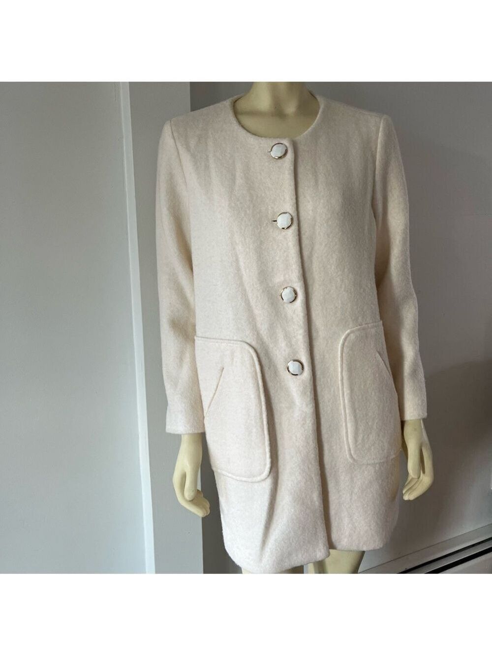 Patty Kim New York Women’s Jackie Cream Button Front Wool Jacket Dress Coat M